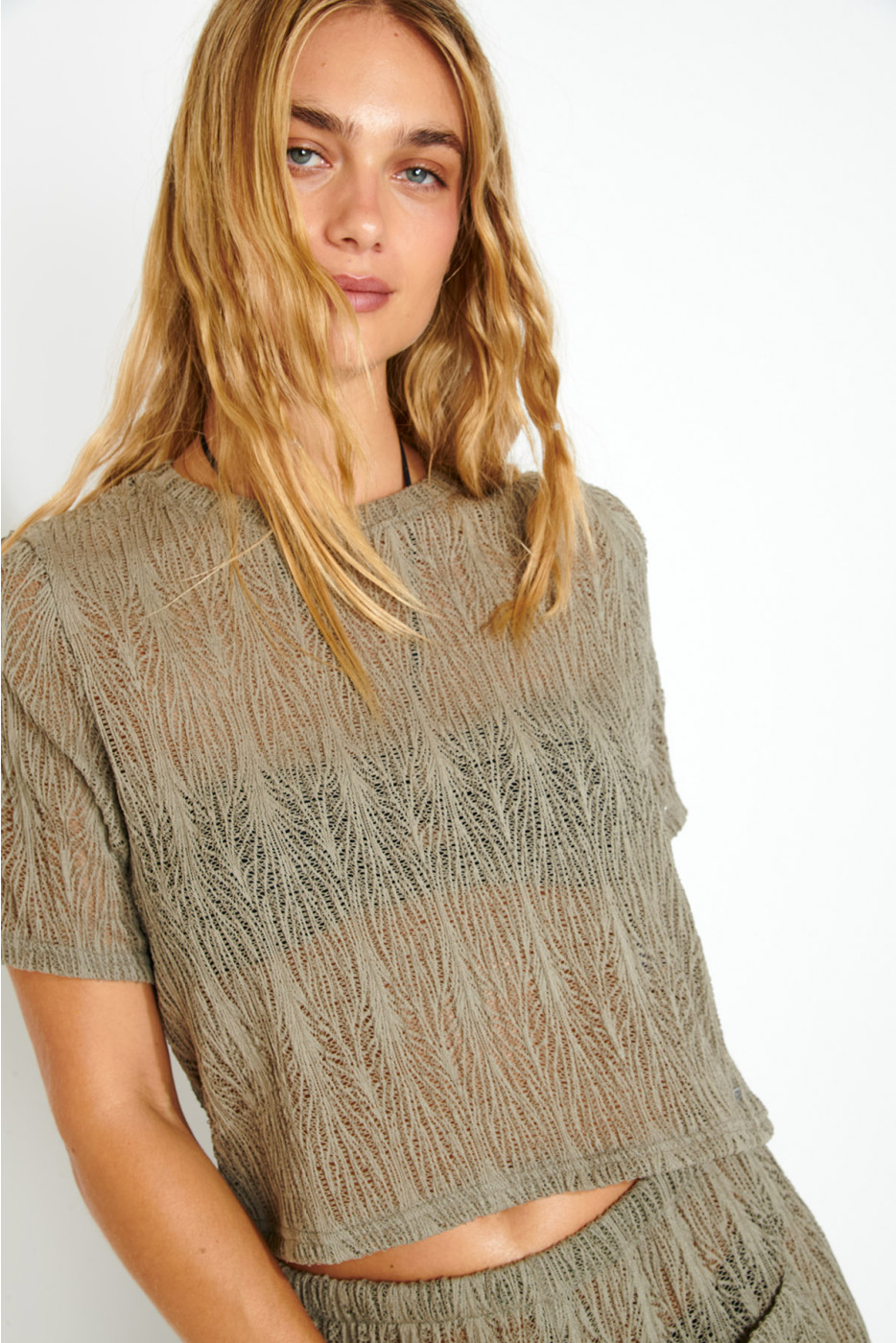 PAIGES BEACHSOUL khaki openwork t-shirt