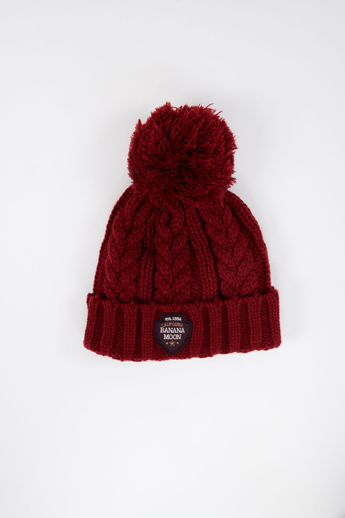 Howson Lemonwood burgundy cable knit beanie with pompom