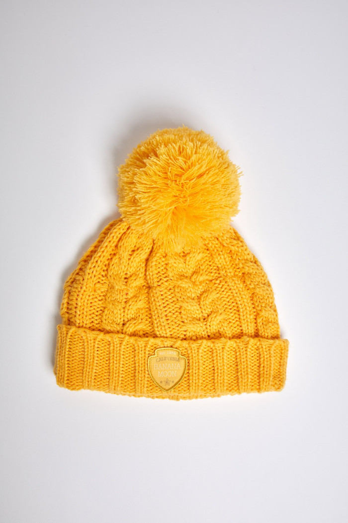 HOWSON YAMOUR Women's Cable Knit Hat in Yellow with Pompom